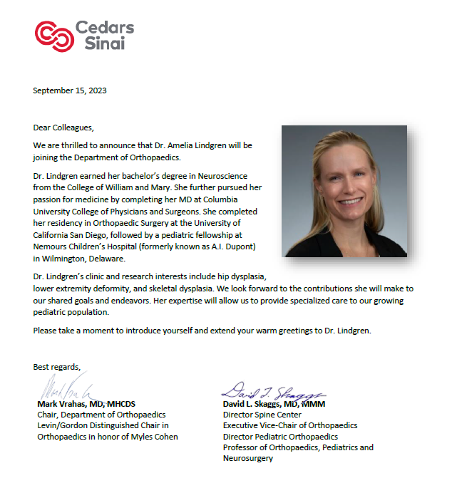 Join us welcoming our new colleague at <a href="/CedarsSinai/">Cedars-Sinai</a> in Orthopaedic Surgery Dr. Amelia Lindgren <a href="/LindgrenAmelia/">amelia lindgren</a>! 👏👏👏