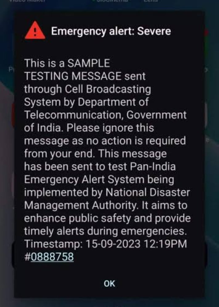 nitukumari_94's tweet photo. The Indian government sent a test emergency alert to smartphones nationwide today. The message read "#EmergencyAlert : severe" and informed recipients that it was a test and no action was required.
#Emergency #EmergencyAlerts #EmergencyMindsetBack #Smartphone #alert https://t.co/sGAxx23rey