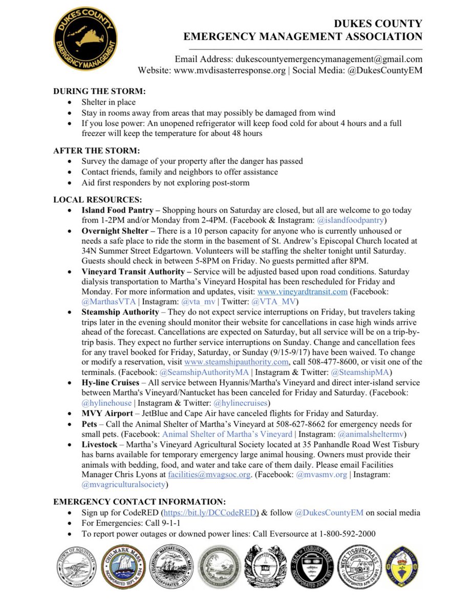 🚨FOR IMMEDIATE RELEASE🚨
FRIDAY, SEPTEMBER 15, 2023
#DukesCounty #EmergencyManagement Association #PressRelease #2 regarding #HurricaneLee
📍#OvernightShelter at St. Andrew's Episcopal Church (34N Summer St. #Edgartown) Check in is 5-8PM tonight 
#ThisIsEM #MVY #MarthasVineyard