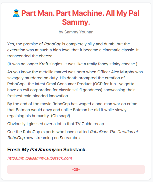 MySummerLair's tweet photo. How fun is @RoboCop_Doc on @ScreamboxTV?

For this @substack newsletter I write about #RoboCop doc while celebrating over the top 80s movies.

A #MySummerLair interview with RoboDoc's creators is attached: @Griff_est88 &amp; @Eastwoodallen &amp; @Gary_Smart82!

https://t.co/tL7jzTK0NB https://t.co/uymRbwL7pk
