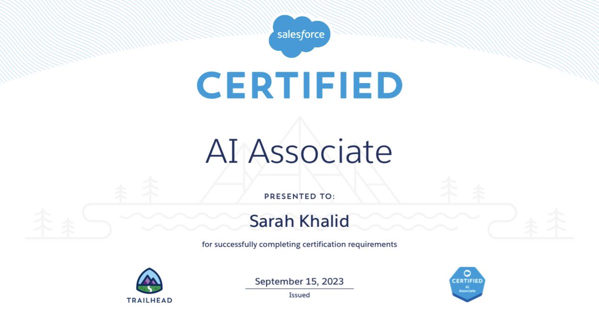SarahSFDC's tweet photo. Passed the AI Associate exam! 
Thank you my fellow #trailblazers who passed and posted over the past week!! You all were my inspiration and encouraged me to attempt this exam.
Used Trailhead &amp; Rakesh Gupta's blog, it was super helpful! 
#ai https://t.co/2Pjj6cjAo4