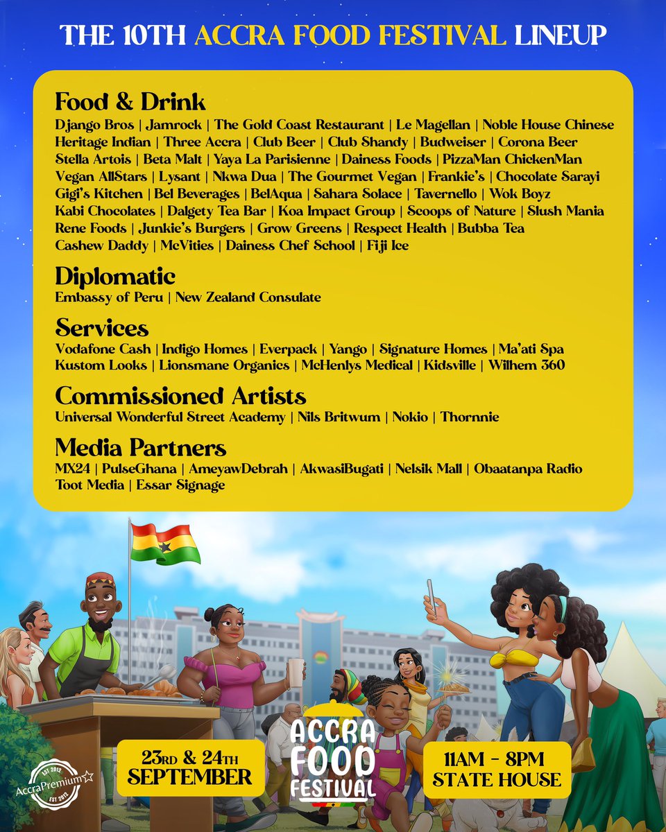 AccraPremium's tweet photo. THE 10TH ACCRA FOOD FESTIVAL LINE UP

Don’t miss this once a year Food Lovers Festival!

Bring the entire Family and spend the weekend enjoying walk around tastings from our exciting partners.

Sat 23rd &amp; Sun 24th September, 2023 
11AM - 8PM, Entry 50GHS

#Feed1000Families #AFF10 https://t.co/5JIVBP66J8