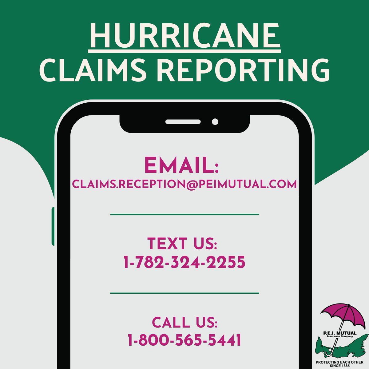 As Hurricane Lee approaches, in the event that you do experience any Damage or loss, here's  how to report a claim:
- E-Mail: claims.reception@peimutual.com
- Text: 1-782-324-2255
- Call Us: 1-800-565-5441
Stay safe and take precautions as needed. We're in this together!