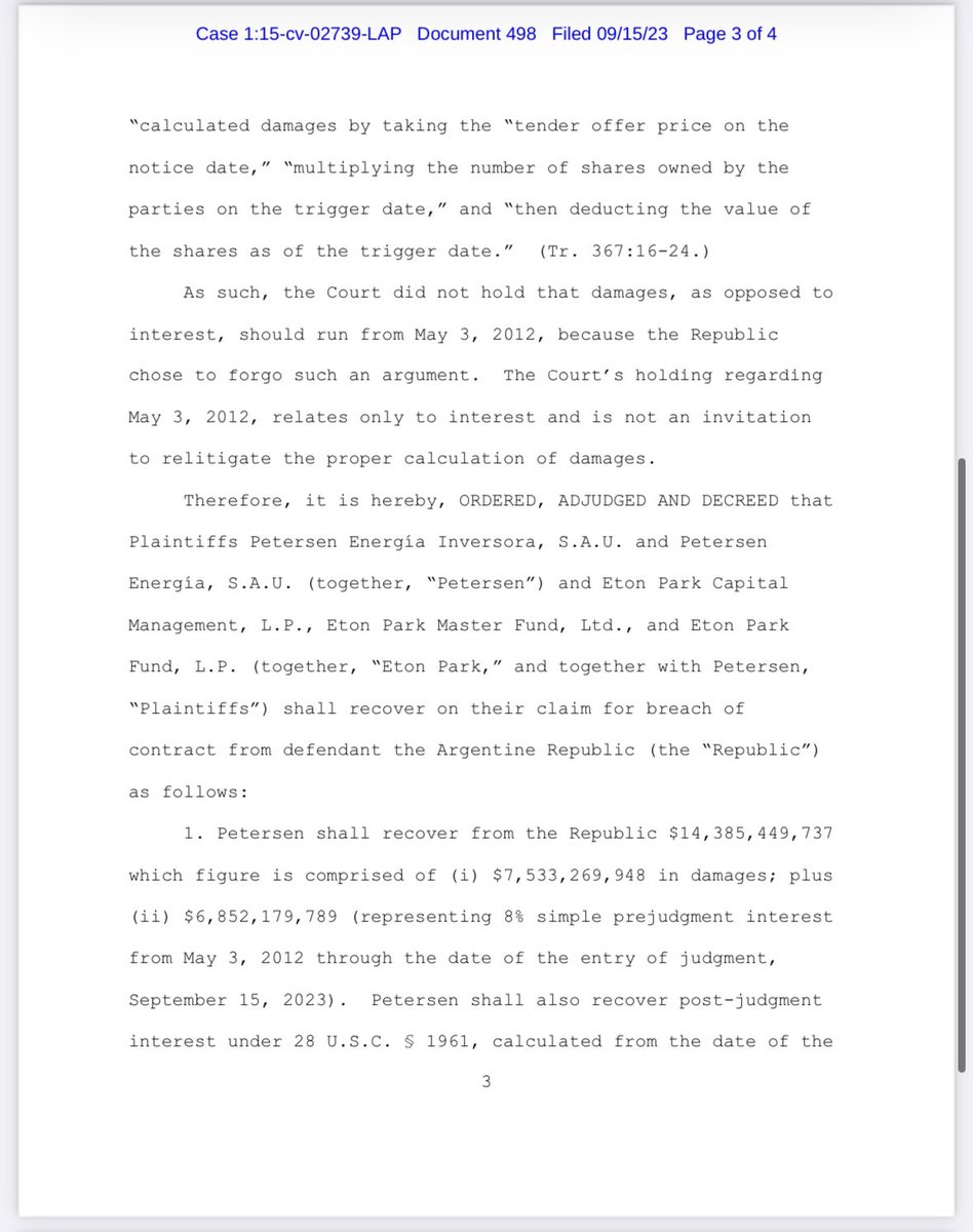 SebastianMaril's tweet photo. 🛑SENTENCIA FIRME. ARGENTINA DEBERÁ ABONAR USD 16.099 MILLONES POR LA EXPROPIACIÓN DE YPF.
🛑JUDGEMENT. JUDGE PRESKA ORDERS ARGENTINA TO PAY USD 16.09 BILLION IN THE YPF EXPROPIATION CASE. https://t.co/9N7cLBcTGg