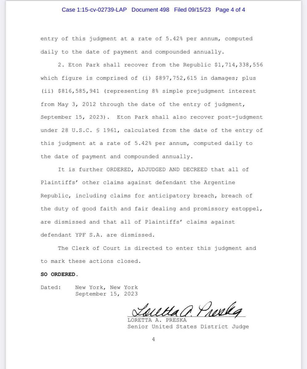 SebastianMaril's tweet photo. 🛑SENTENCIA FIRME. ARGENTINA DEBERÁ ABONAR USD 16.099 MILLONES POR LA EXPROPIACIÓN DE YPF.
🛑JUDGEMENT. JUDGE PRESKA ORDERS ARGENTINA TO PAY USD 16.09 BILLION IN THE YPF EXPROPIATION CASE. https://t.co/9N7cLBcTGg