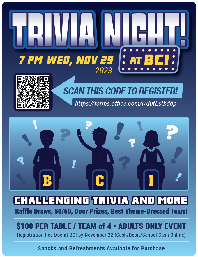 steve_burroughs's tweet photo. Come one, come all! The 2nd annual @BCIVS Trivia Night is on again! Information is going out to parents now and community members are invited to donate prizes for the raffle. Oh, and sign up a team and come for a great night of fun! @GEDSB @IndigenousEdGE https://t.co/NFkGKvRl1Q
