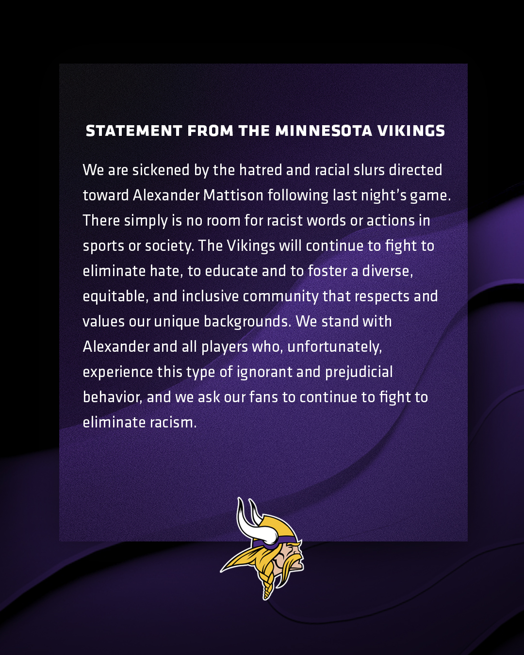 Minnesota Vikings on X: 'We are sickened by the hatred and racial slurs  directed toward Alexander Mattison following last night's game.   / X