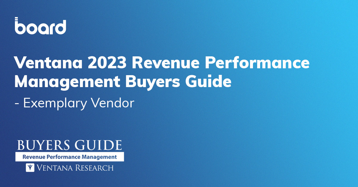 We have been recognized as a leader and exemplary vendor in @ventanaresearch's 2023 Buyers Guide on Revenue Performance Management (RPM)! Board was classified as: ✨ Exemplary ✨ Product Experience Leader ✨ Value Index Leader for Reliability, Usability, and TCO/ROI