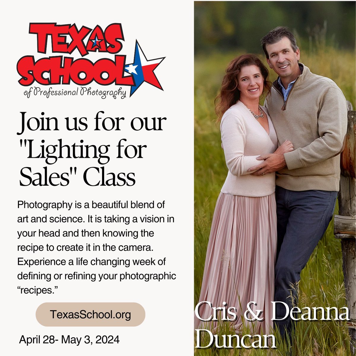 Join Cris and Deanna Duncan <a href="/cjduncan/">CJ Duncan</a> for a life changing week of defining your photographic “recipes.” With a way of simplifying the complex, the Duncans walk you through  lighting principles and help you adapt them to your personal workflow.  bit.ly/3PknMFD