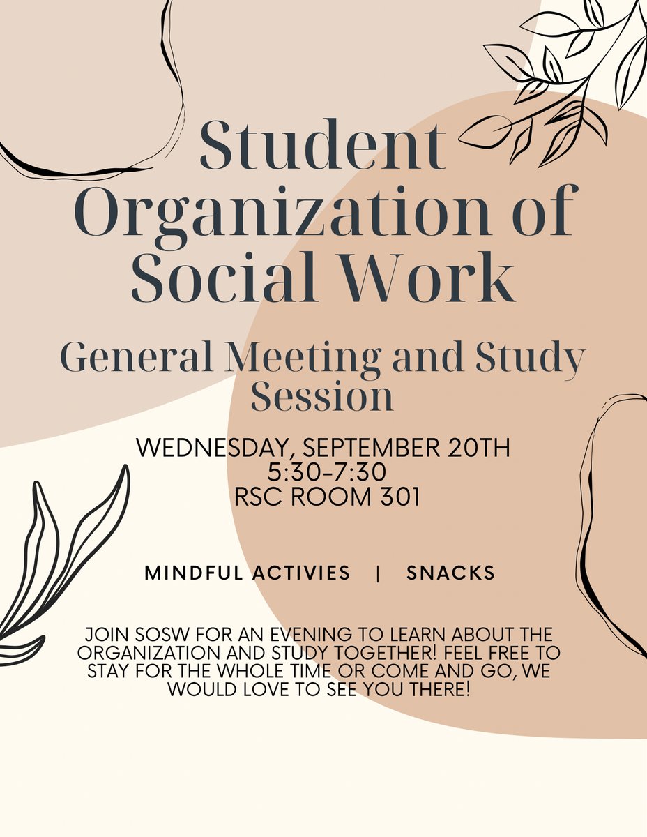 WSU_AdvisorLAS's tweet photo. Attention Social Work and Pre-Social Work majors: SOSW is hosting their general meeting and study session on 9/20. For more information see flyer and visit https://t.co/619DAueaaZ

@WSUSocialWork @wichitasosw https://t.co/Hiwjpr4lD7