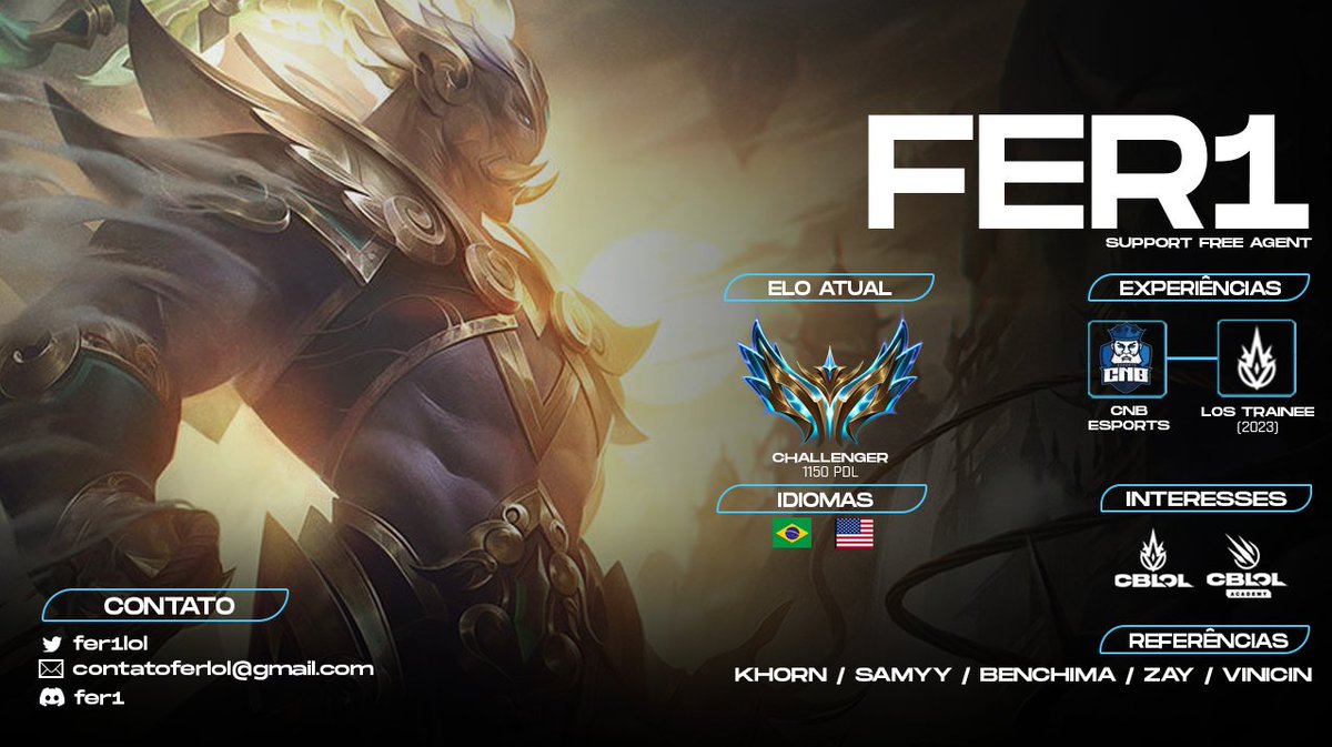 fer1lol's tweet photo. Desde a seletiva da Los Grandes no final do ano passado, venho me preparando todo dia pra melhorar meu nível e sinto que estou pronto pra mostrar minhas qualidades, dito isso estou FA e aberto a ouvir propostas pro Academy.

❤️+ RT's serão bem vindos! https://t.co/gbZS4aekww