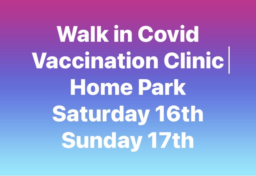 Walk in covid clinic Home Park 
Saturday 16th 8.30-7.15pm Sunday 17th 10am- 4pm 
All 65 years over any carers and all those eligible
Please come along for your Autumn covid vaccine <a href="/UHP_NHS/">University Hospitals Plymouth NHS Trust</a> <a href="/PHPlymouth/">Public Health Plymouth</a> <a href="/plymouthcc/">Plymouth City Council</a> <a href="/Argyle/">Plymouth Argyle FC</a> <a href="/PlymLordMayor/">Plymouth Lord Mayor</a> <a href="/PLiveWhatsOn/">PlymouthLive What's On</a> <a href="/oneyouplymouth/">One You Plymouth</a> <a href="/courtmanjj/">Jeanette Courtman</a>