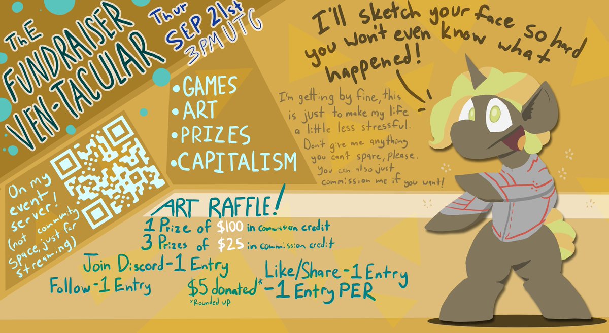 Venseyness's tweet photo. With the holidays approaching and money low, I'm holding an event to get some cash together! 
Join us at https://t.co/pVKesnjaSQ at 15:00UTC on the 21st for games, challenges, a YCH reveal, and my first art raffle! More info here &amp; on the server over the next week. See you then! https://t.co/r7agCQLknS