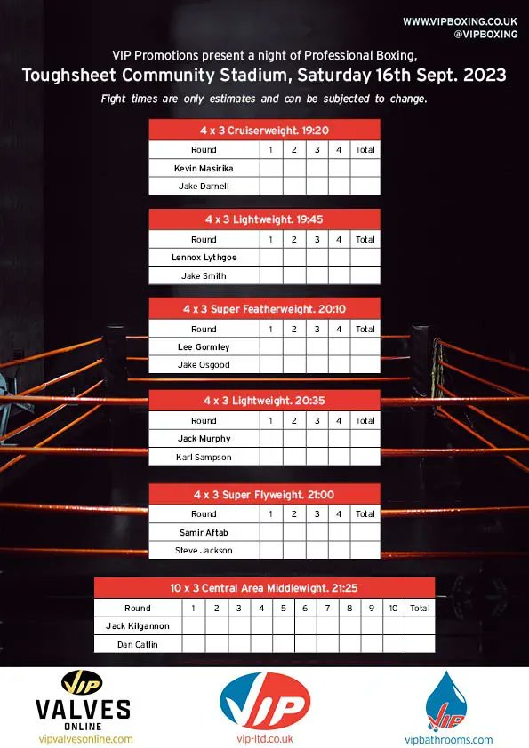 Running order for tomorrows VIP Boxing event at Toughsheet Community Stadium. 16.09.23

The full card will be available to stream LIVE on our YouTube Channel
buff.ly/48kpC2b 

Tune in from 7:15pm and sit tight for a night of Professional  Boxing.
Subscribe to be notified