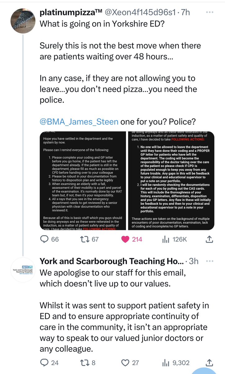 It’s both depressing and wonderful that doctors being treated badly in U.K. hospitals often struggle for months - but with the light shone by an anonymous pizza on Twitter / X we see quick retractions, apologies and promises to do better 

So if you’re thinking of asking <a href="/TheBMA/">The BMA</a>