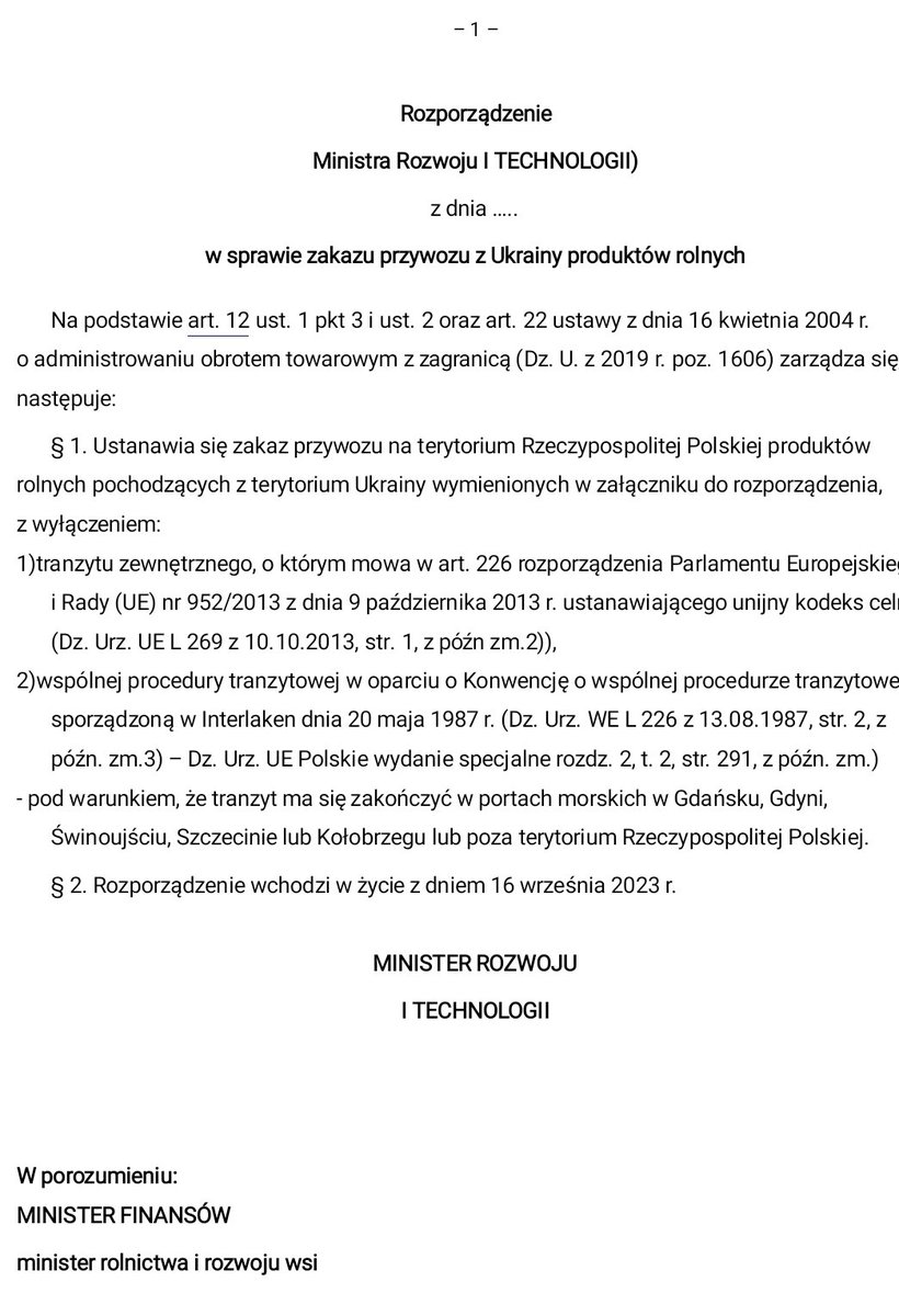 W związku z błędną decyzją KE o nieprzedłużeniu embarga na zboże z UA, zgodnie z poleceniem <a href="/MorawieckiM/">Mateusz Morawiecki</a> i całej Rady Ministrów podpisałem rozporządzenie krajowe utrzymujące embargo. 
Rozporządzenie jest bezterminowe i wejdzie w życie po publikacji o północy 16.09.2023.
Polski