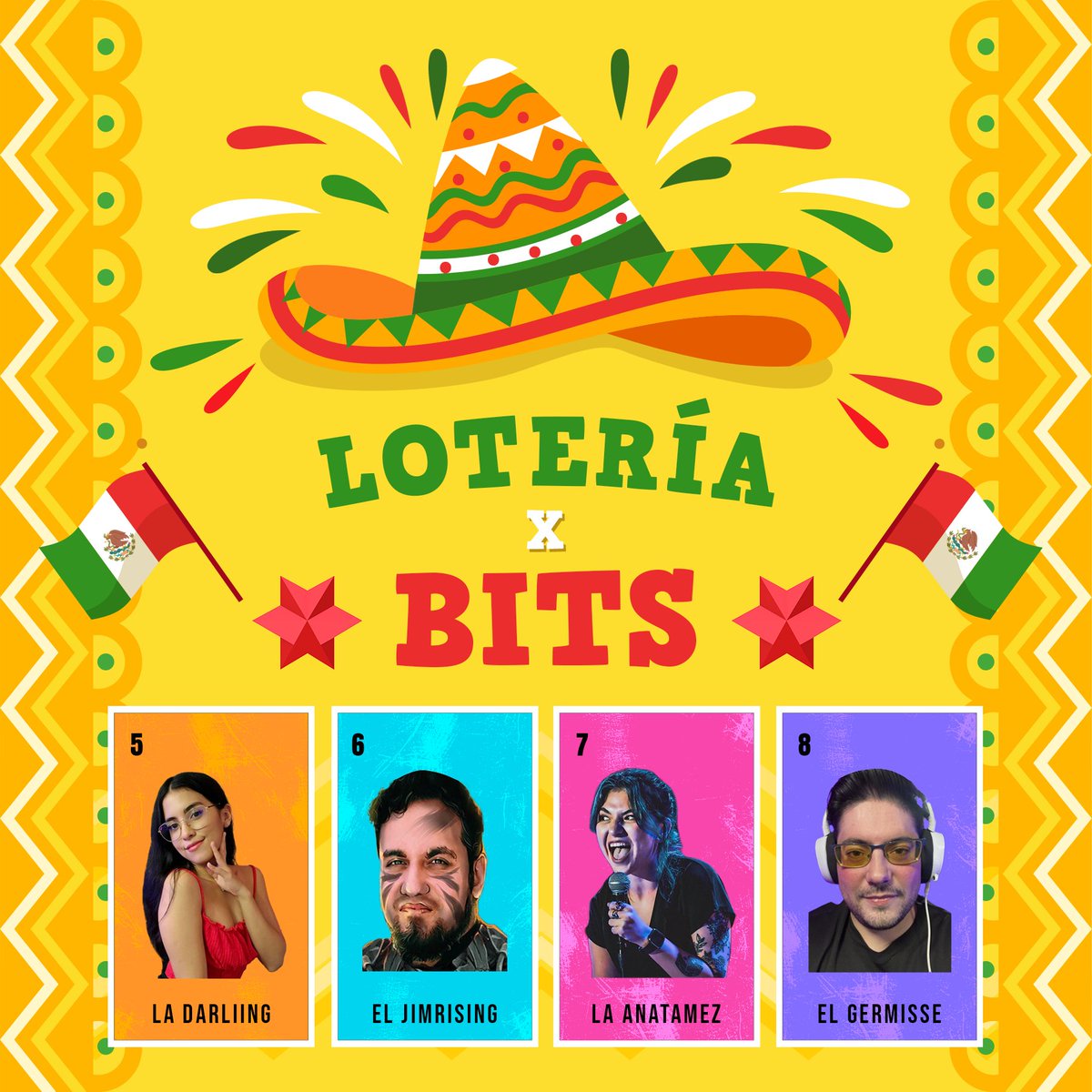 alextely's tweet photo. Aquí tenemos a los últimos participantes de 💥 LOTERÍA X BITS 💥, nos vemos mañana a las 5pm CDMX 🇲🇽 en nuestra tardeada mexicana 🪅.

➡️ https://t.co/Mhrjqq7a4z ⬅️ https://t.co/R9EgFKIcgJ