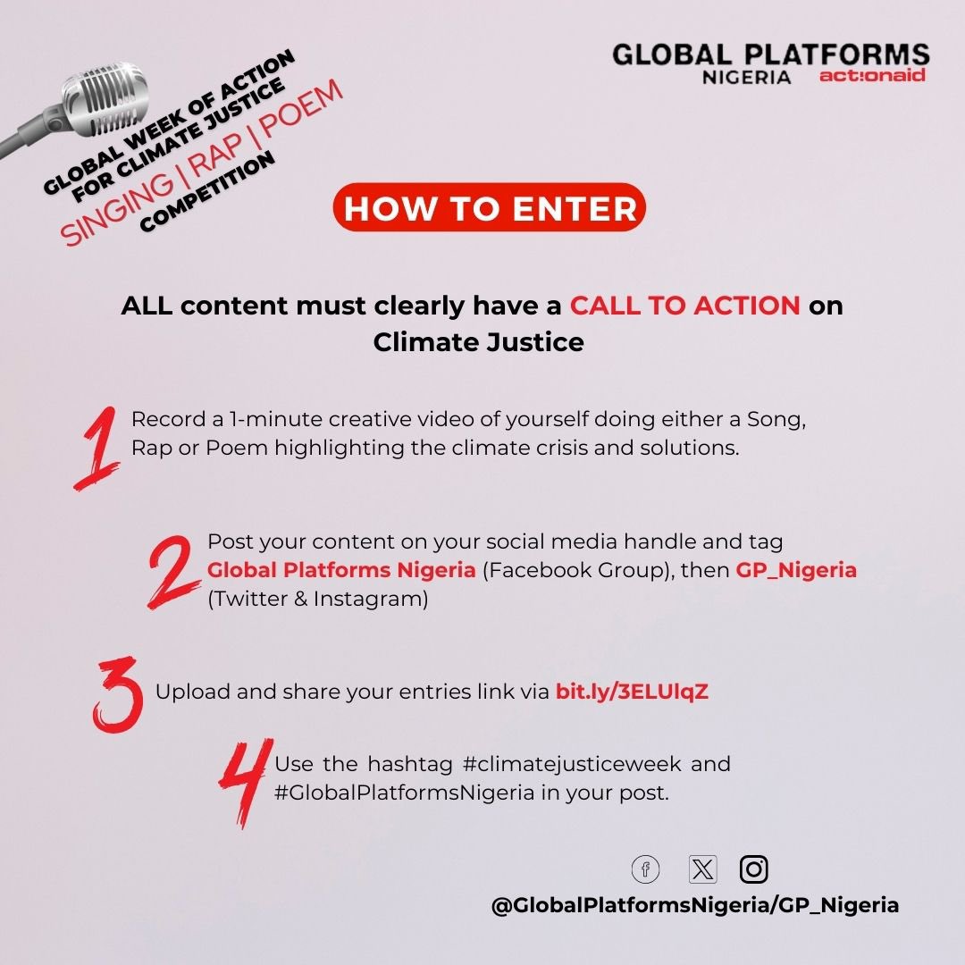 The anticipated #GlobalWeekofClimateActions Challenge is Here! 

Global Platform Nigeria is giving you the opportunity to compete and win big, while making your voice heard in fight for climate justice.