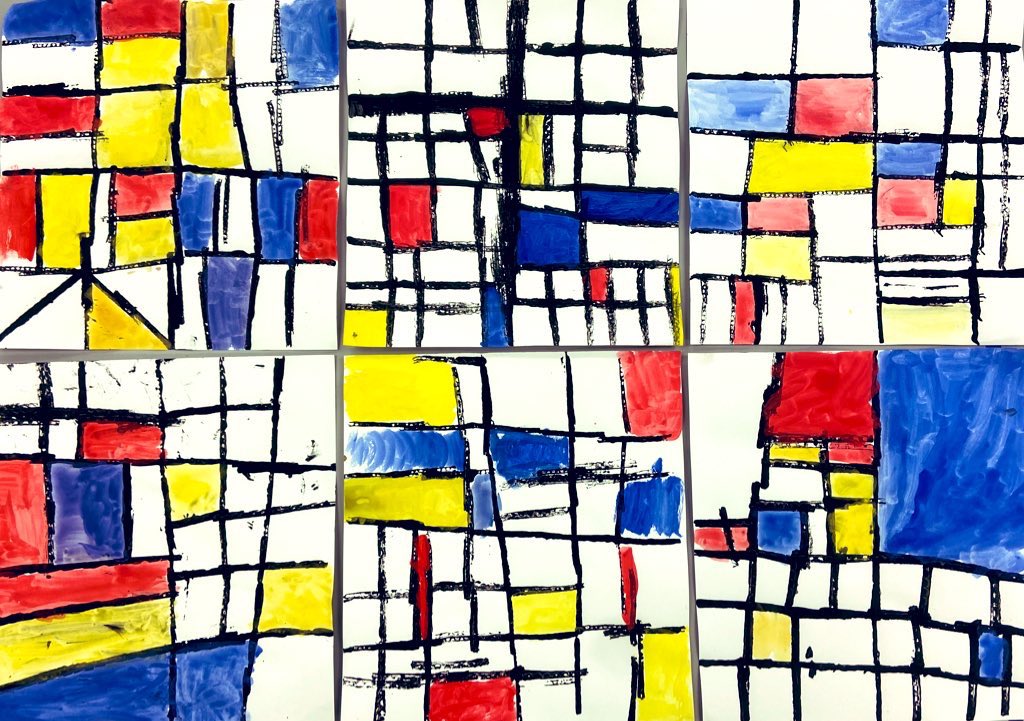 Ms_Rawls33's tweet photo. 1st graders learned about vertical and horizontal lines in these Piet Mondrian inspired paintings. We talked about the color wheel and primary colors before printing and painting these masterpieces. Awesome work, @HESVBVikings! https://t.co/SZRVtqL8L4