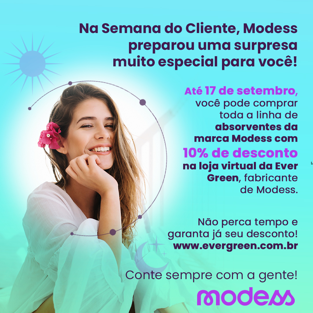 modessbrasil's tweet photo. Para homenagear você, na Semana do Cliente Modess preparou uma surpresa muito especial! 📷

Até 17 de setembro, você pode comprar toda a linha de absorventes da marca Modess com 10% de desconto na loja virtual da Ever Green, fabricante de Modess.
#modessbrasil #diadocliente 
📷 https://t.co/NTo6HugRWA