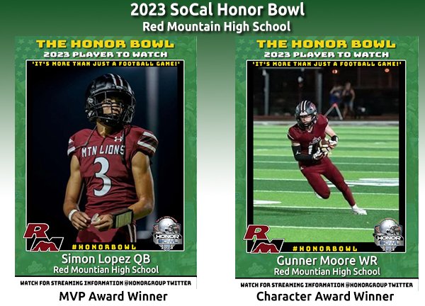 THE HONOR BOWL (@honorgroup) on Twitter photo Congrats to the following players from <a href="/RedMtnFootball/">Red Mtn Football</a> who won Athlete awards at the SoCal Honor Bowl. The MVP Award went to Simon Lopez QB and the Character Award was given to <a href="/gunnersmoore/">Gunner Moore</a> . Remember #HonorBowl is βmore than just a football game!β Congrats to the following players from <a href="/RedMtnFootball/">Red Mtn Football</a> who won Athlete awards at the SoCal Honor Bowl. The MVP Award went to Simon Lopez QB and the Character Award was given to <a href="/gunnersmoore/">Gunner Moore</a> . Remember #HonorBowl is βmore than just a football game!β