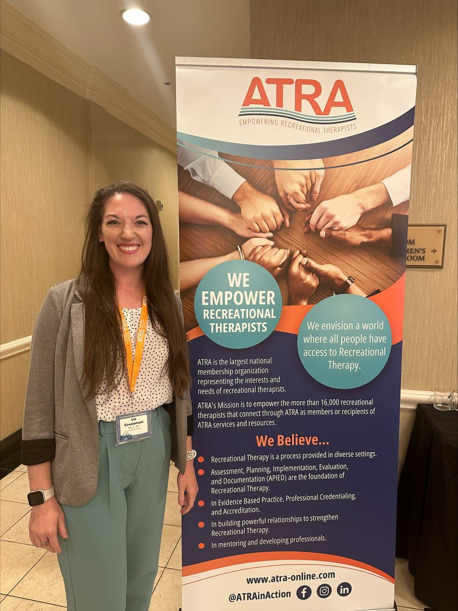 Therapeutic Recreation Advisor Liz Creasman, MS, #CTRS, C-IAYT, recently presented “Exploring Pain Management through a Transdisciplinary Group Education Series in Inpatient Physical Rehabilitation' at the @ATRAinAction conference. Way to go, Liz! #rectherapy #recreationtherapy