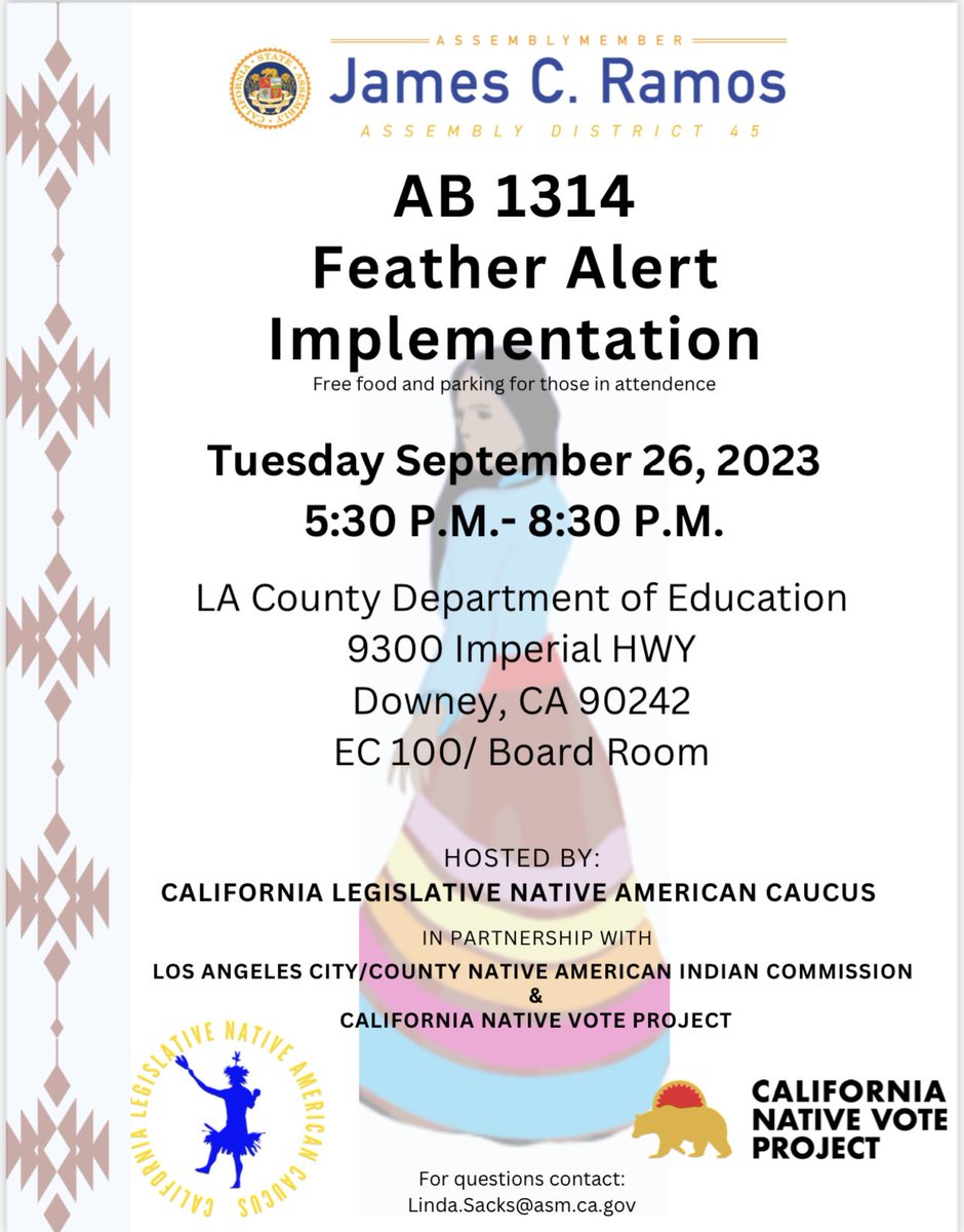 C1CSC1's tweet photo. An opportunity to join Assembly Member James C. Ramos the the AB1314 Feather Alert Implementation on September 26 at the LA County Department of Education https://t.co/Y6KZl5Eetx