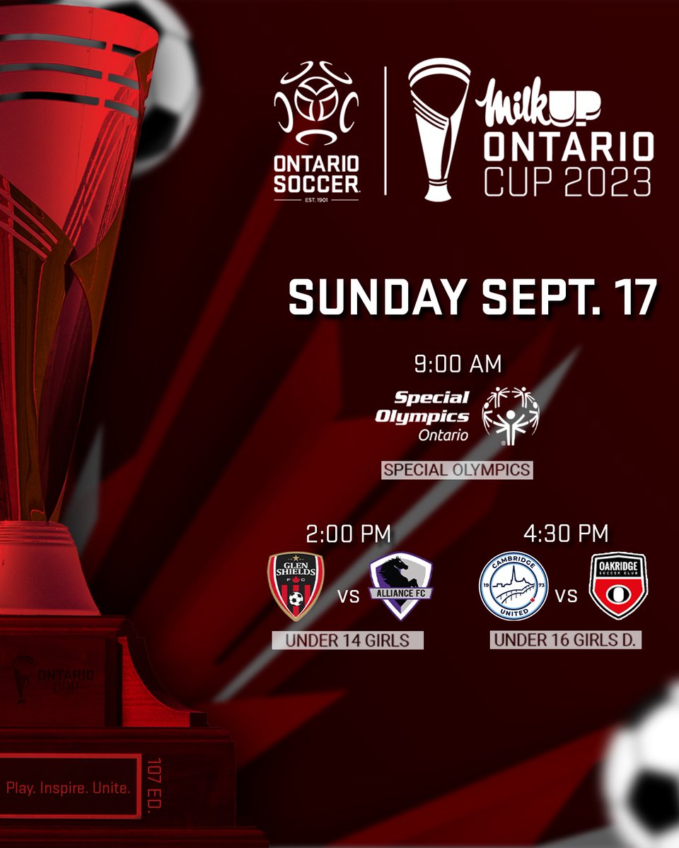 This weekend will round off the 2023 MilkUP Ontario Cup Finals, with six provincial champions left to crown.

Full schedule below. ⬇️

Visit our Match Centre to access livestreams, keep up with scores, and find photos and recap articles for each game: ontariosoccer.net/news_article/s…