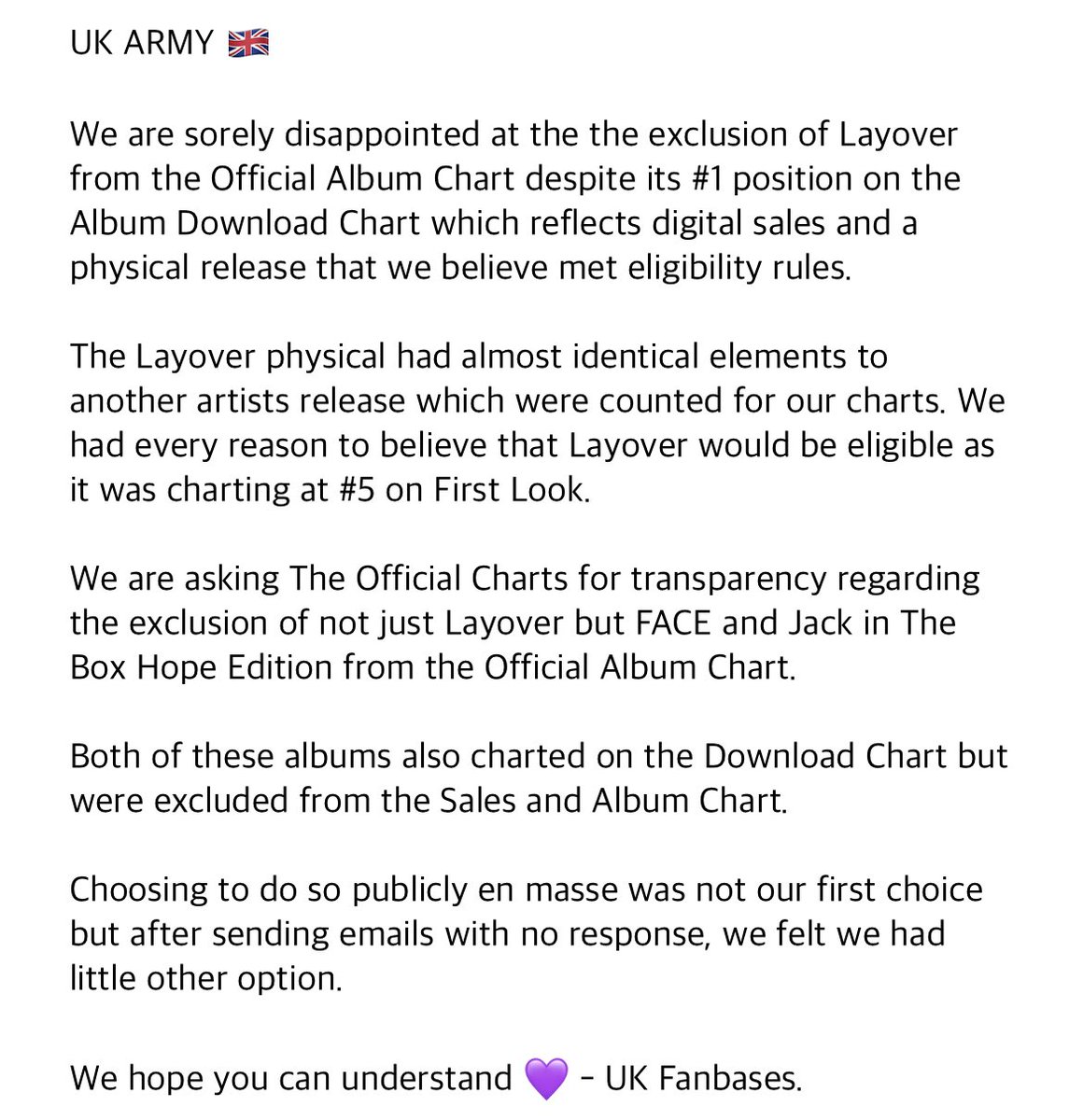 BTSxUKCharts's tweet photo. #TransparencyForLayover ‼️ https://t.co/rLAk3rlpWU