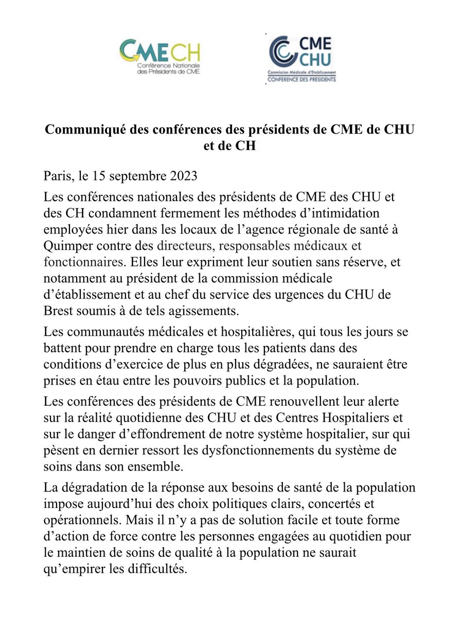 [CP] Condamnation des Conférences des Présidents des Commissions Médicales d'Etablissement des CHU et des CH de la séquestration des hospitaliers et personnels de l’ARS de Quimper
<a href="/confcmechu/">confcmechu</a> <a href="/ConfPCMECH/">Conf. Pdt CME des CH</a>