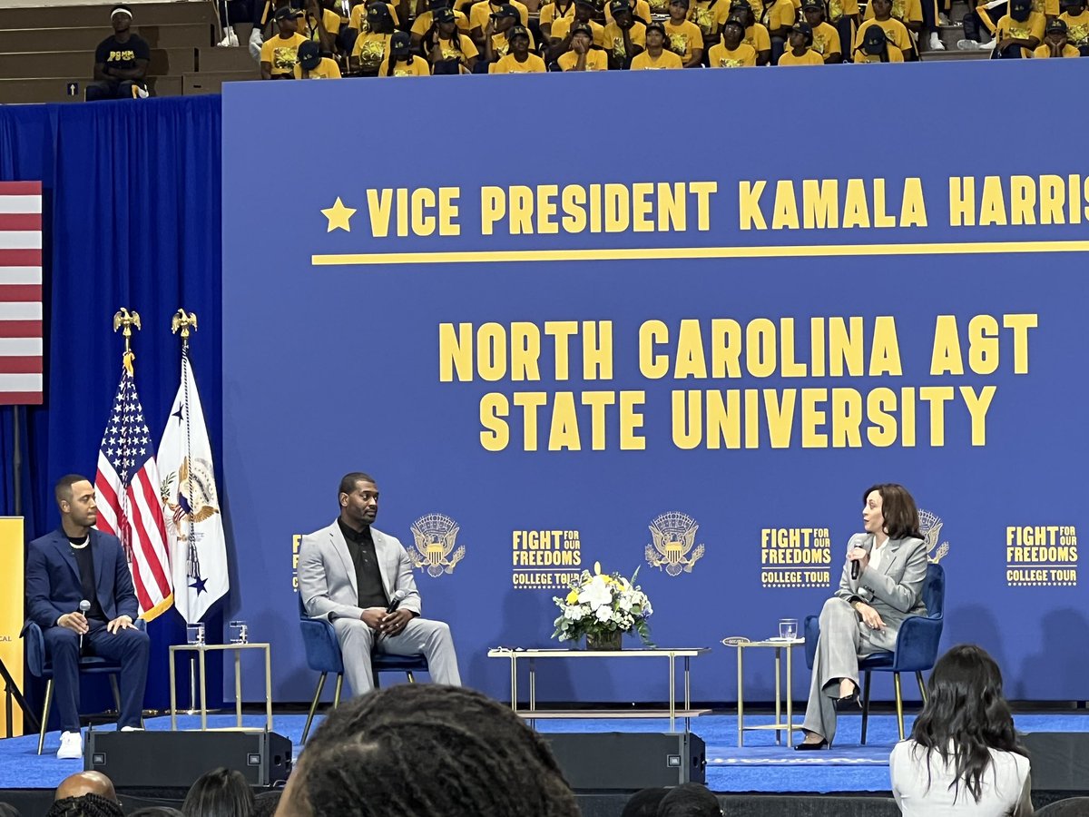 bethany_chafin's tweet photo. Vice President Kamala Harris @VP has taken the stage at @ncatsuaggies. She’s in conversation with two of the HBCU’s alums, EPA Administrator Michael Regan and actor Terrence J. Currently talking about the right to vote. More on ATC on @885wfdd https://t.co/0D9zn9YiYW