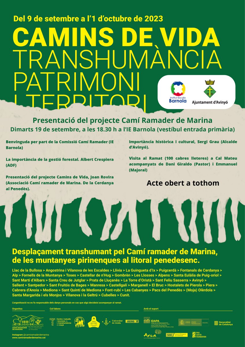 IE Barnola (@iebarnola) on Twitter photo La festa del Camí Ramader i de la transhumància arriba al Barnola (19 de setembre).
Adjuntem els programes de les activitats de la Jornada!
#CaminsDeVida2023 <a href="/AjAvinyo/">Ajuntament d'Avinyó</a> <a href="/camidemarina/">Camí ramader de Marina</a> <a href="/AjuntamentLluca/">Ajuntament de Lluçà 🎗</a> <a href="/PauCostaF/">Pau Costa Foundation</a> <a href="/territoricat/">Territori</a> <a href="/escoladepastors/">Escola de Pastors</a> <a href="/monrural/">Fundació Món Rural</a> <a href="/StaMariadHorta/">SantamariadHorta</a> La festa del Camí Ramader i de la transhumància arriba al Barnola (19 de setembre).
Adjuntem els programes de les activitats de la Jornada!
#CaminsDeVida2023 <a href="/AjAvinyo/">Ajuntament d'Avinyó</a> <a href="/camidemarina/">Camí ramader de Marina</a> <a href="/AjuntamentLluca/">Ajuntament de Lluçà 🎗</a> <a href="/PauCostaF/">Pau Costa Foundation</a> <a href="/territoricat/">Territori</a> <a href="/escoladepastors/">Escola de Pastors</a> <a href="/monrural/">Fundació Món Rural</a> <a href="/StaMariadHorta/">SantamariadHorta</a>