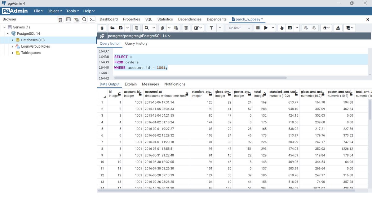 Emjhae_'s tweet image. Day 12
Today we take a look at the order table filtering using the 'WHERE' clause.
Picture 1 makes use of just the order table while frame 2 identifies the customer name through the use of 'JOIN'.
#20dayswithdata #SQLFiltering #DataQuerying #HTTDataChallenge.
