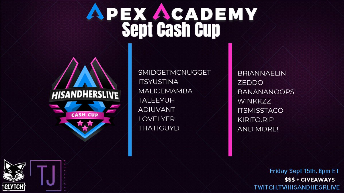 HisandHersLive's tweet image. 📢Cash Cup is tonight at 8pm ET!

This is our monthly CASH PRIZE in #ApexAcademy. Each month we invite and feature 20 creators. This month we are highlighting streamers that are not yet Partnered on Twitch. Show these partner deserving creators some love tonight as they compete…