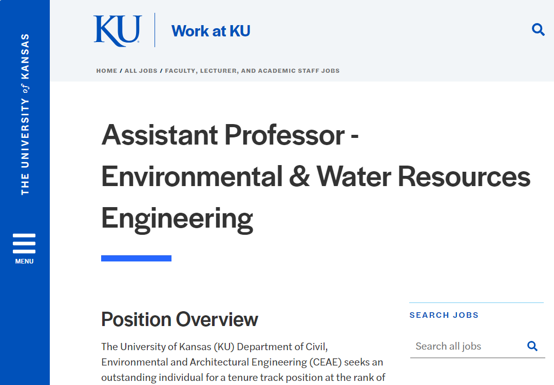 Now hiring! <a href="/UnivOfKansas/">University of Kansas</a> seeks applicants for  Assistant Professor in environmental &amp; water resources engineering. #Employment   employment.ku.edu/jobs/faculty/a…