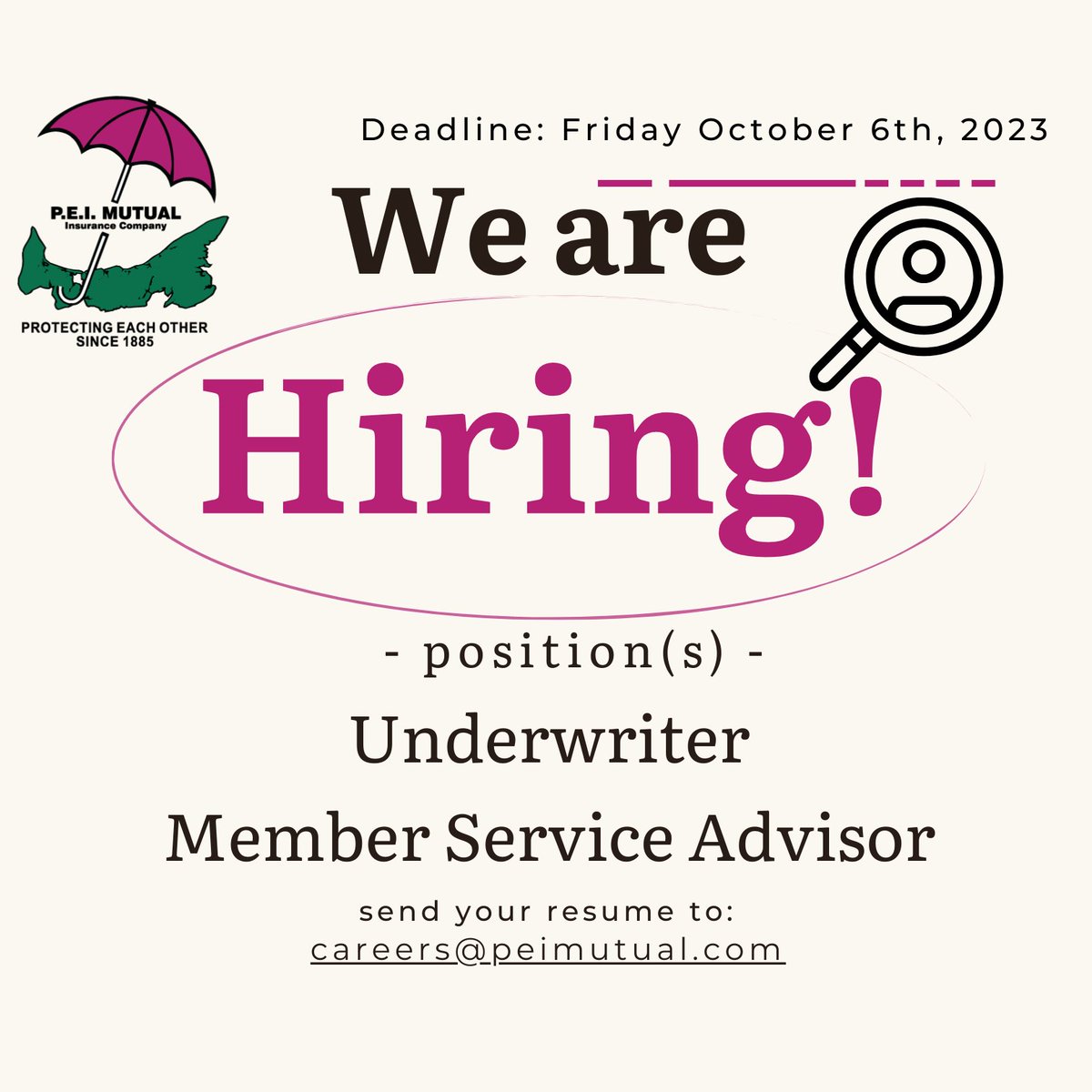 Are you looking for a rewarding career with a growing and successful Island company?
PEI Mutual is now hiring:
• Underwriter
• Member Service Advisor
For more information, including how to apply, please visit us online:
peimutual.com/whats-new/list…
Closes Friday October 6th, 2023!
