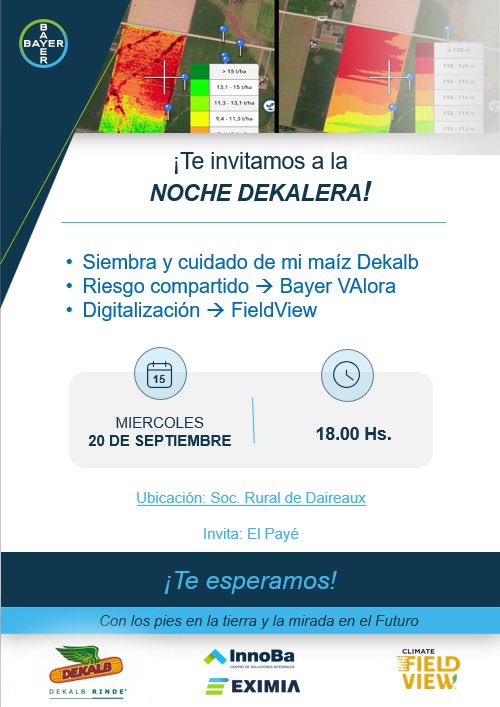 ATENCIÓN DEKALERO‼️‼️

Nos vamos a encontrar para hablar de:

1️⃣ Preparación de lote y siembra de 🌽 

2️⃣ Negocio de riesgo compartido🤝

3️⃣ Digitalización de la producción🛰️

📍 Sociedad Rural ➡️ Daireaux 
🗓️ Mie 20/9 18:00

Invita <a href="/ElPayeSA/">El Payé - Insumos y Servicios S.A.</a> y <a href="/AgroBayerAR/">Agro Bayer</a> 

🌽🚜🛰️🔝♻️🧬🥇