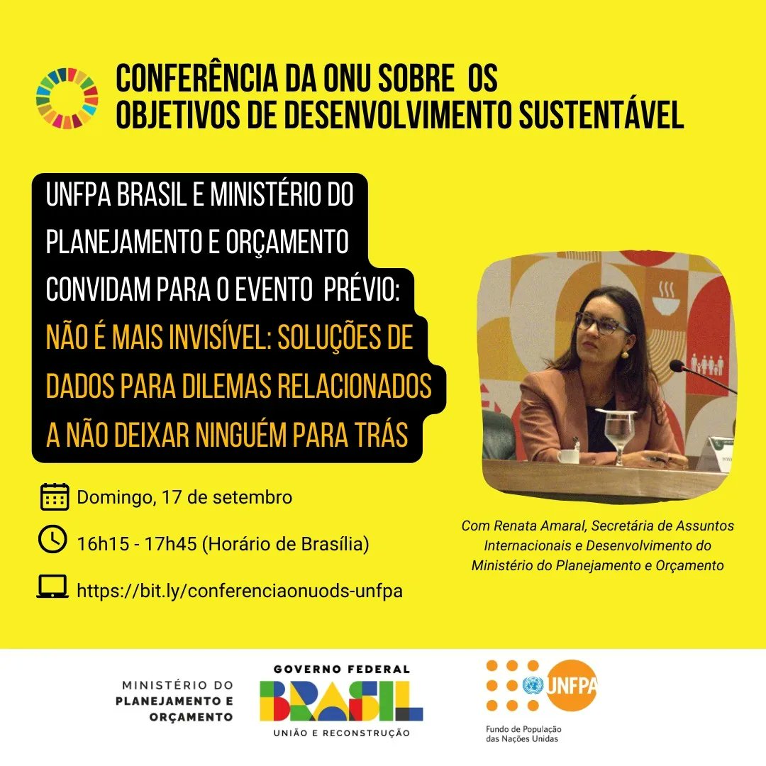 Neste domingo, como evento paralelo à Conferência da ONU sobre os Objetivos de Desenvolvimento Sustentável, o #MPO e o @unfpabrasil, promovem o painel 'Não é mais invisível: Soluções de dados para Dilemas relacionados a não deixar ninguém para trás'. 
#PowerOfData
#GlobalGoals