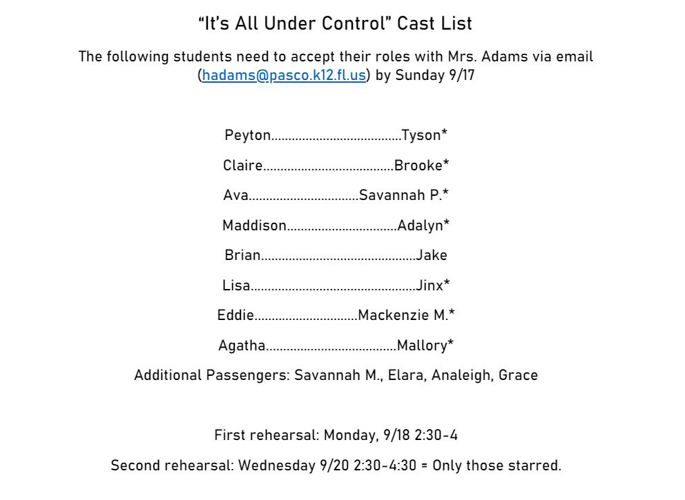 Troupe4740's tweet photo. Congratulations to our It’s All Under Control Cast! Please accept your role via email to Mrs. Adams. https://t.co/Rtvk3aX0fW