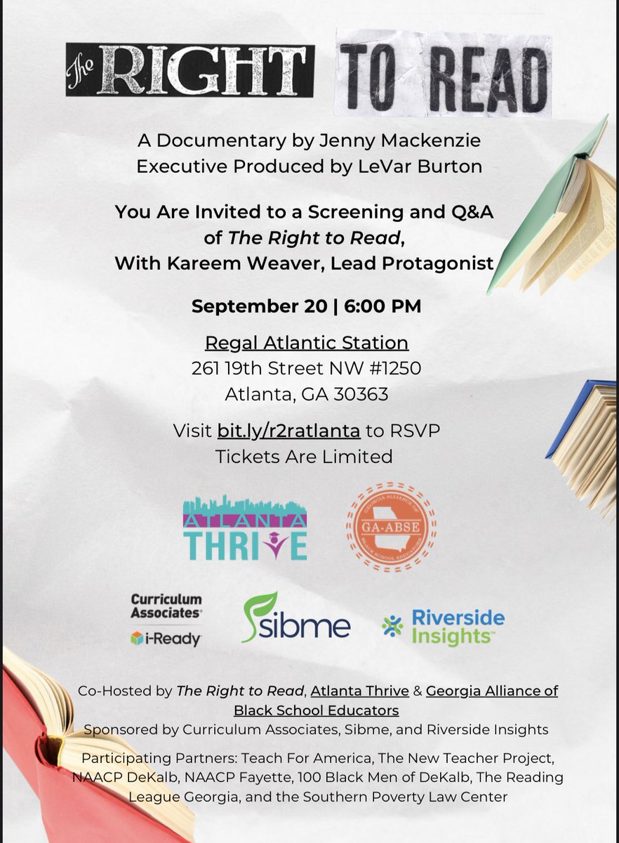 Every student has the @RightToReadFilm. Don’t miss this opportunity to join a community conversation on the importance of early literacy. Admission is free. @ga_abse @AtlantaThrive @100BlackMen @TeachForAmerica @NAACPDeKalb @NAACP