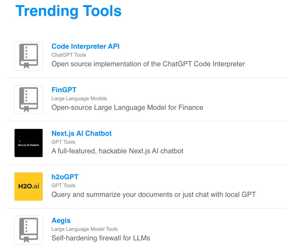 stackshareio's tweet photo. 📈 ICYMI: Top 5 New Trending Tools 👇🏾

1. #CodeInterpreterAPI 
2. #FinGPT 
3. #NextjsAIChatbot 
4. @h2oai
5. @AutomorphicAI (#Aegis)

👉🏾 https://t.co/WWDcmrma3A 

🗞 Subscribe to StackShare Weekly: https://t.co/LUQD8dRy6P https://t.co/zoSRPFGQvd