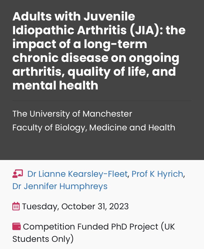 📣 Interested in doing a #PhD ➡️ Investigating adults with #JIA and the impact on ongoing arthritis, quality of life, and mental health 👥 Join us at @FBMH_UoM to analyse our cohort studies @BCRD_Study 📰 Read more: findaphd.com/phds/project/a…