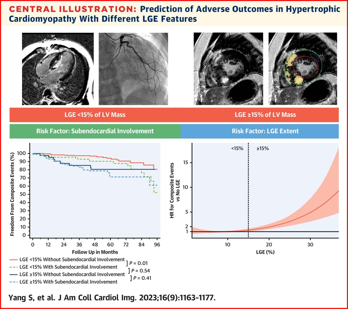 Location, location, location. In hypertrophic cardiomyopathy patients without extensive #whyCMR LGE, subendocardium-involved LGE rather than LGE extent was associated with adverse outcomes in multivariable models. bit.ly/3Ro5Soi

#JACCIMG #cvHCM #cvImaging #CardioTwitter