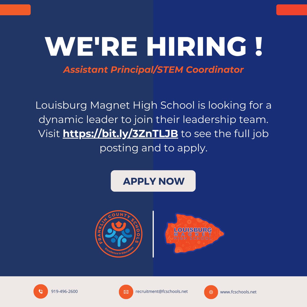 Louisburg Magnet High School is looking for a dynamic leader to join their leadership team. Visit bit.ly/3ZnTLJB to see the full job posting and to apply.