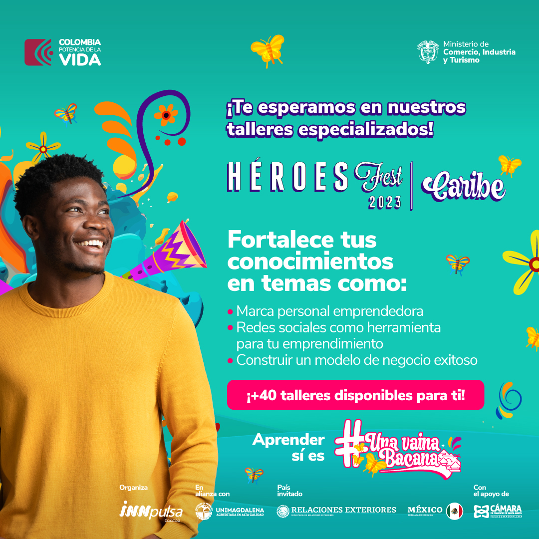 SENAComunica's tweet photo. ¿Sabías que en  #HéroesFestCaribe 2023 tendremos más de 40 talleres especializados con expertos? Este 20 y 21 de septiembre aprenderás todo lo que debes saber para llevar tu emprendimiento o idea de negocio al siguiente nivel.
Inscríbete en: https://t.co/r5tYFxZ9Is
#UnaVainaBacana