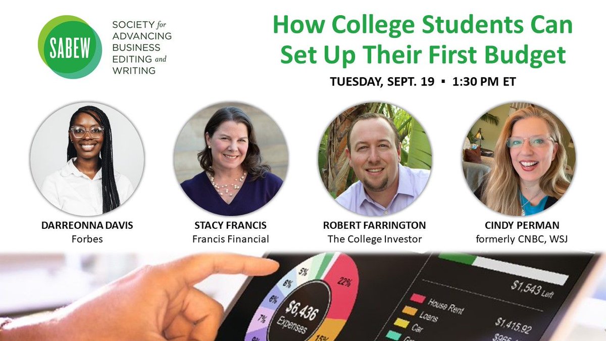Join us next Tues, Sept 19 at 1:30pm ET for a webinar with some terrific experts - @francisfinance, @CollegeInvestin @_darreonna - on how to set up your first budget. Your first tip: It's not that hard! Future you will thank you. 💲💲💲 Registration 🔗 lnkd.in/gEsDc2W5
