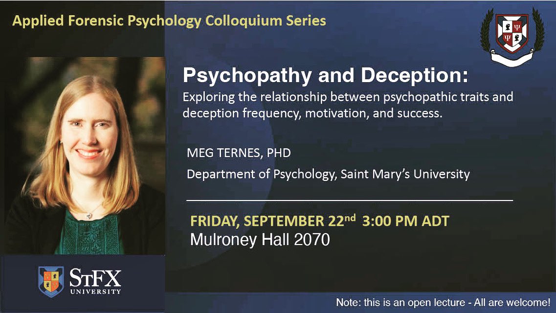 We’re delighted to announce @StFXPsych alumna Dr. Meg Ternes as the first speaker in our 2023-24 Applied Forensic Psychology Colloquium series! Join us Sept 22 at 3pm. All are welcome! @megternes @PsycSMU @margocwatt @chrisjlively @stfxuniversity #clinicalforensicpsychology