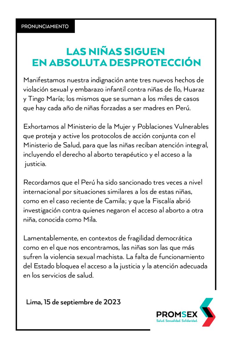 #Pronunciamiento 📢 Manifestamos nuestra indignación ante 3 nuevos hechos de violación sexual y embarazo infantil contra niñas de Ilo, Huaraz y Tingo María. Exhortamos al <a href="/MimpPeru/">Ministerio de la Mujer y Poblaciones Vulnerables</a> a que las proteja y active los protocolos de acción conjunta con el <a href="/Minsa_Peru/">Ministerio de Salud</a>. #NiñasNoMadres ⚖️