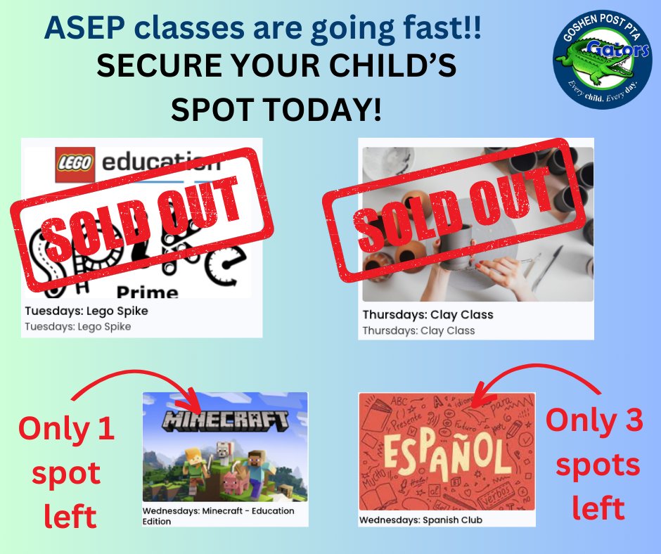 Wow! Some classes have already filled up! Don't wait to enroll in ASEP classes or the class you want could be gone! Register here:
goshenpostpta.memberhub.com/store

<a href="/GoshenPostES/">Goshen Post ES</a>