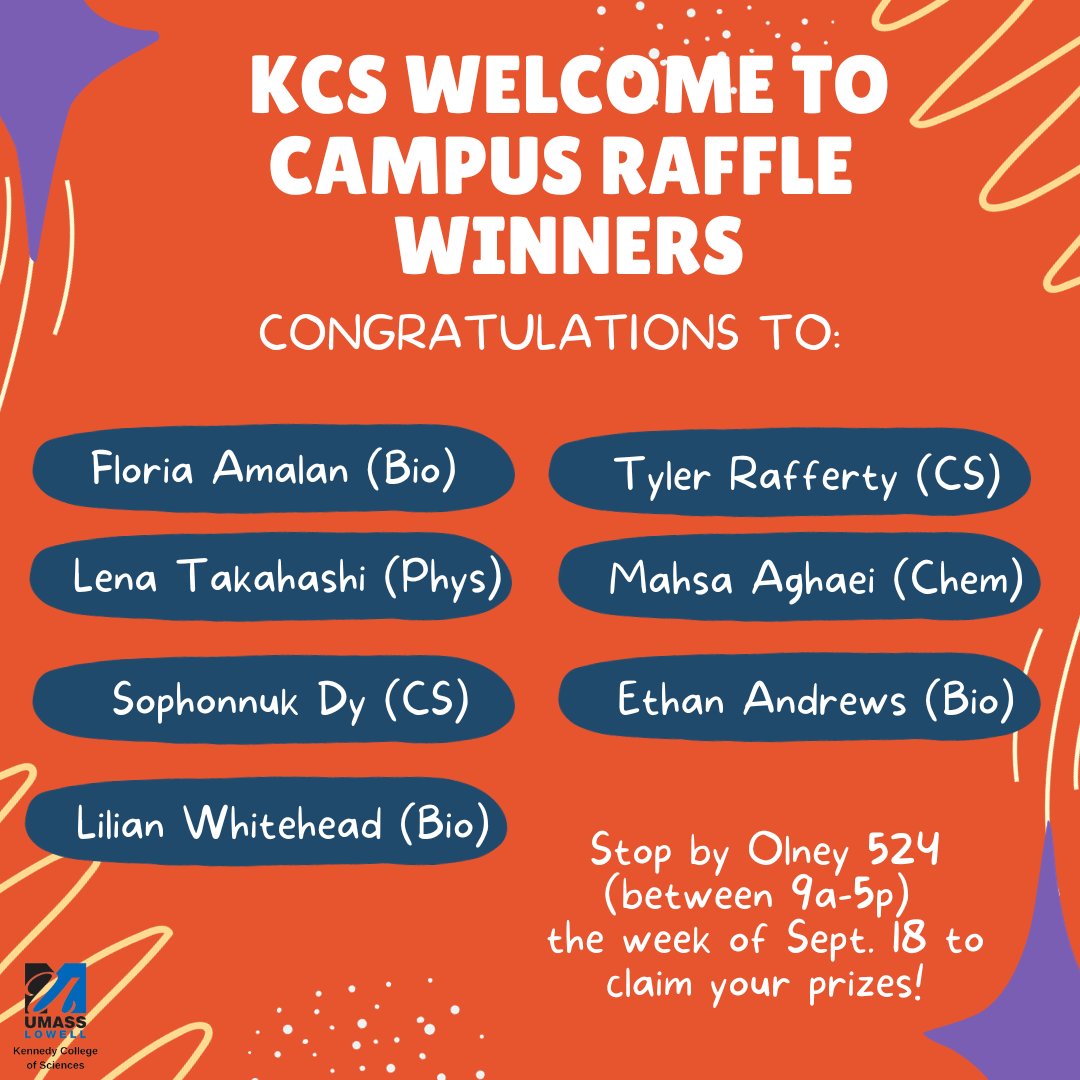 KCSciences_UML's tweet photo. CONGRATULATIONS to our KCS Welcome to Campus Raffle winners!
#openingmonth #raffleprizes #freestuff #congrats #sciences #wescience #KCS https://t.co/cYscLYp3ic